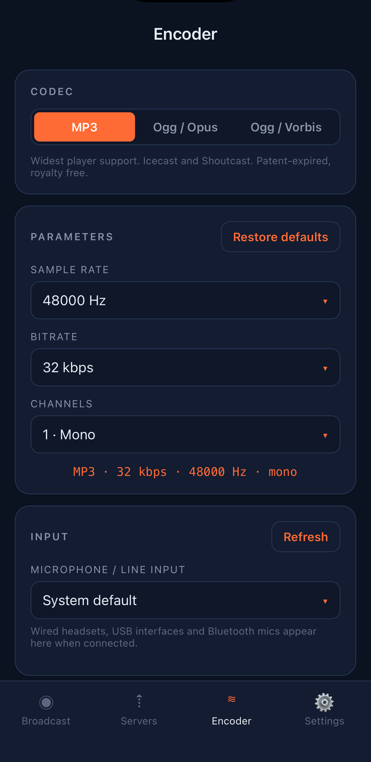 Audiocast encoder settings screen